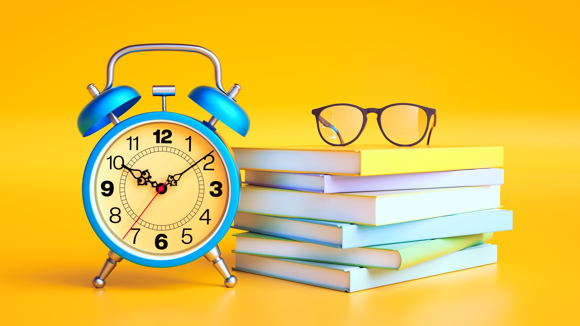 Glasses Resting on Books Next to a Vintage Alarm Clock on a Surface, Study and Time Concept, 3D Render